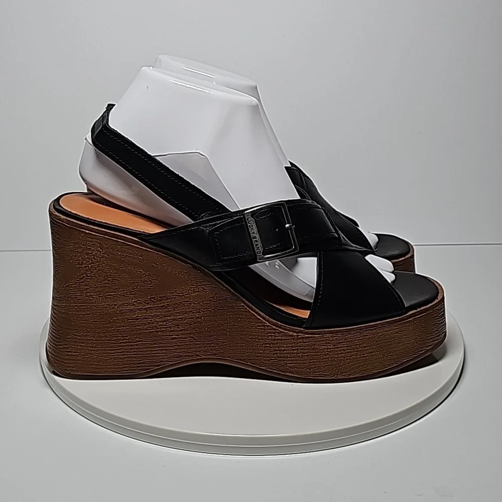 Lucky Brand Delaynee Black Leather Platform Wedge Sandals 8.5 NWOT Boho Resort